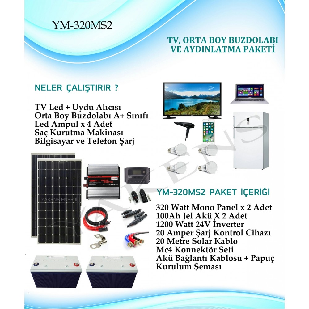 Orta Boy Buzdolabı + Tv + Aydınlatma Monokristal Hazır Solar Paket YM-320MS2 Paket 1